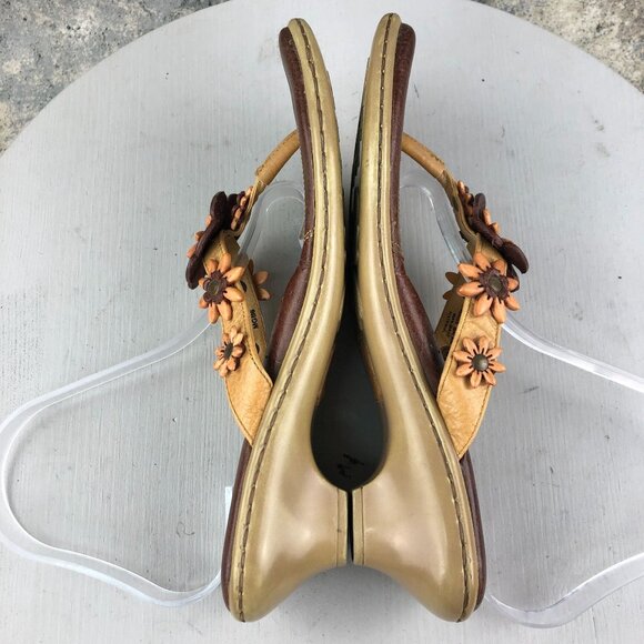 Born Women's Size 9 Brown Leather Flower Applique Open Toe Slip On Heeled Sandal - Picture 8 of 14